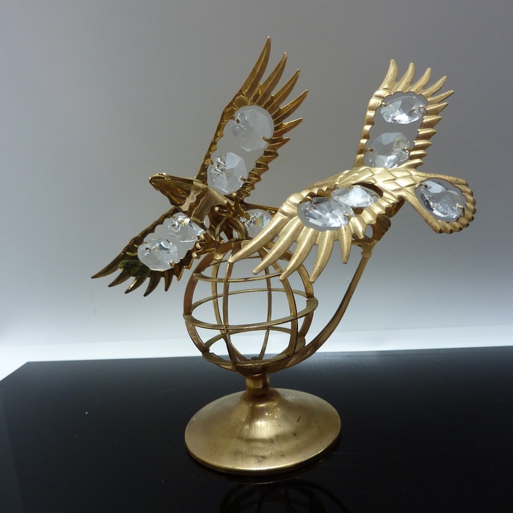 Vtg 1992 Mascot 2 Gold Plated Bald Eagle Globe Swarovski Crystals 24k Gold Plate